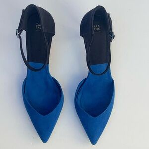 Zara Blue and Black Pointed-Toe Ankle-Strap Heels